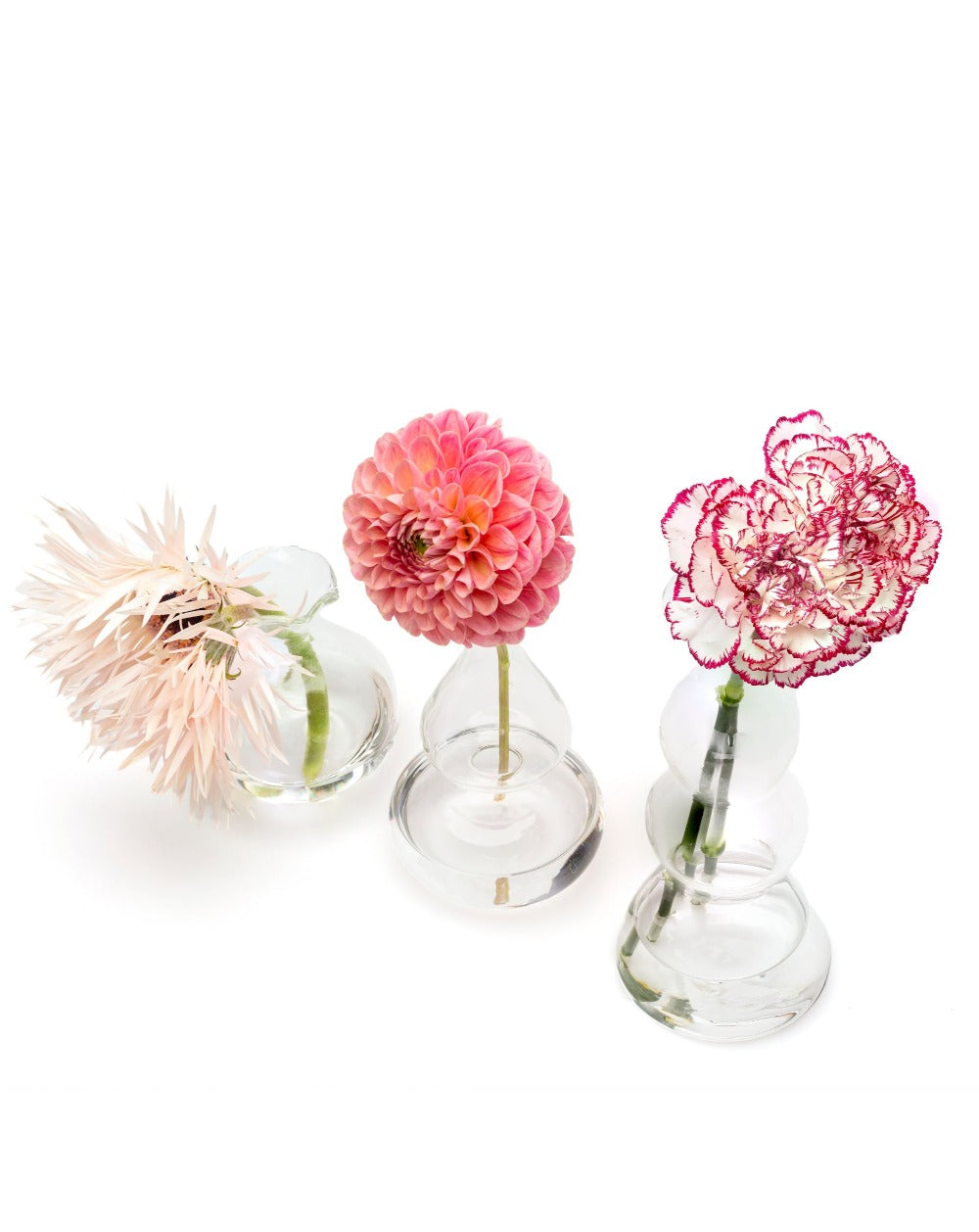 Trio of modern wiggly bud vases with pink flower stems