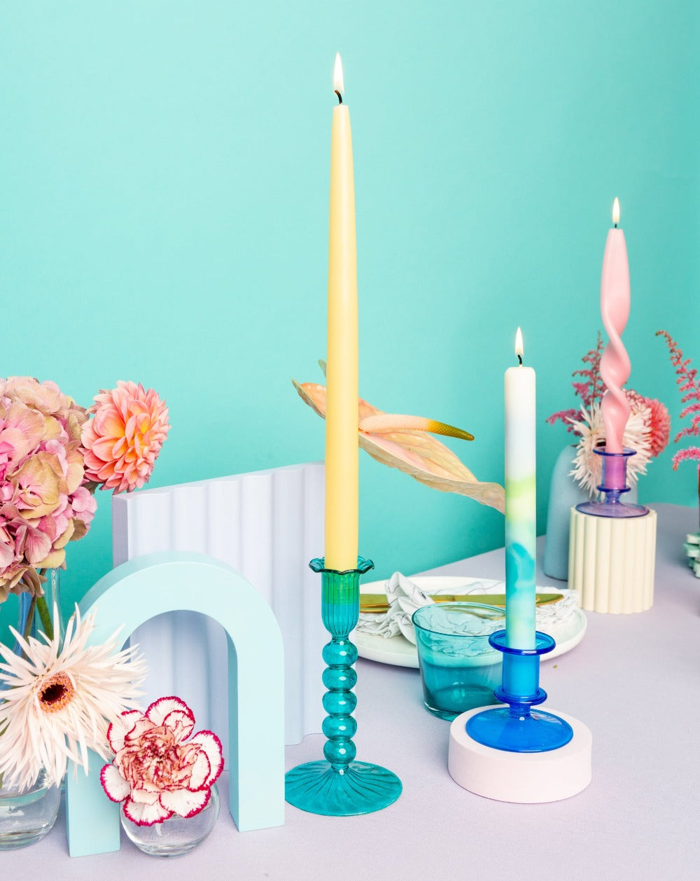 Turquoise Candle holder in playful colourful tablescape set up