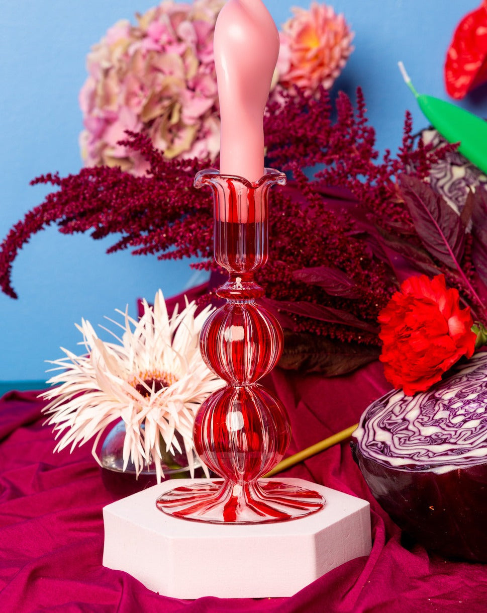 Red Candy Stripe Glass Candle Holder