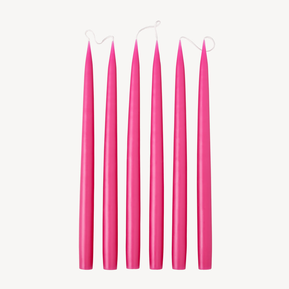 Six Candle Flair taper dinner candles in Light cherry stood up in a line