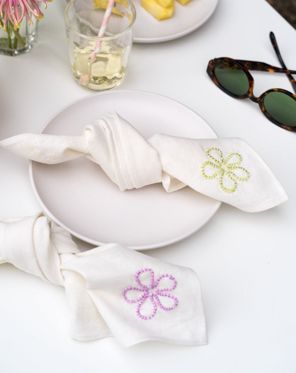 PREORDER - Hand Embroidered Linen Napkins - Set of 4 - Lavender