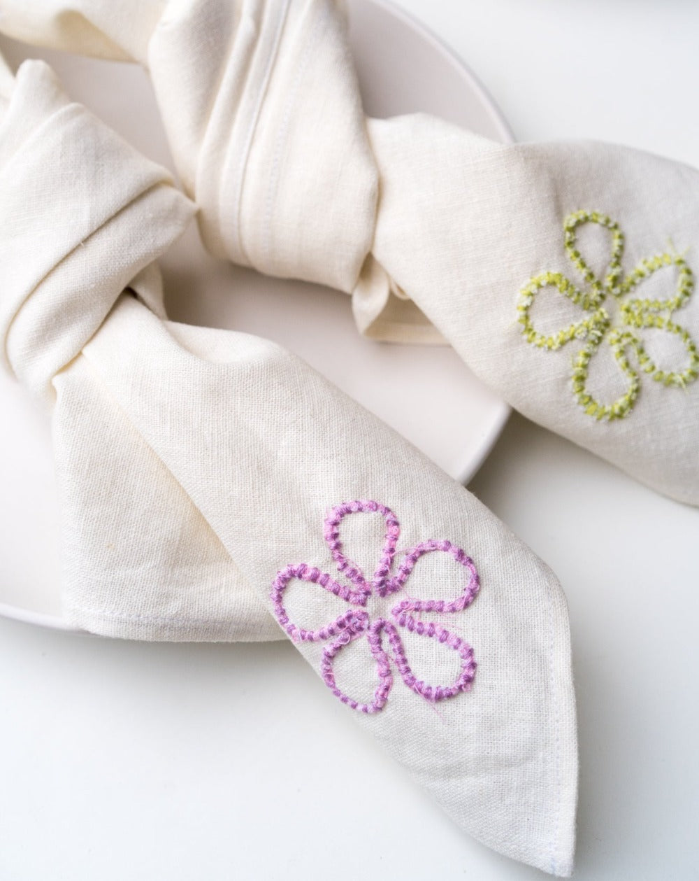 Lydia Bolton Pink and Green Flower Embroidered Napkins - White deadstock linen