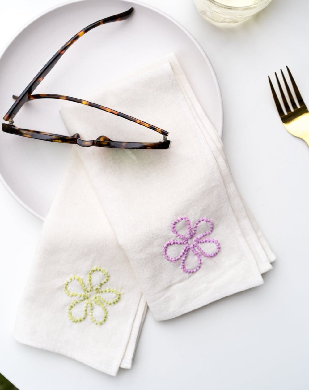 Lydia Bolton Flower Embroidered Linen Napkin Pair